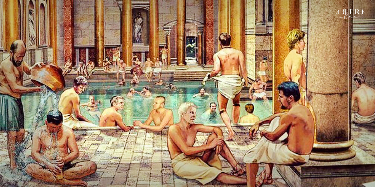ภาพวาดแสดงความคึกคักของโรงอาบน้ำสาธารณะโรมันในสมัยโบราณ